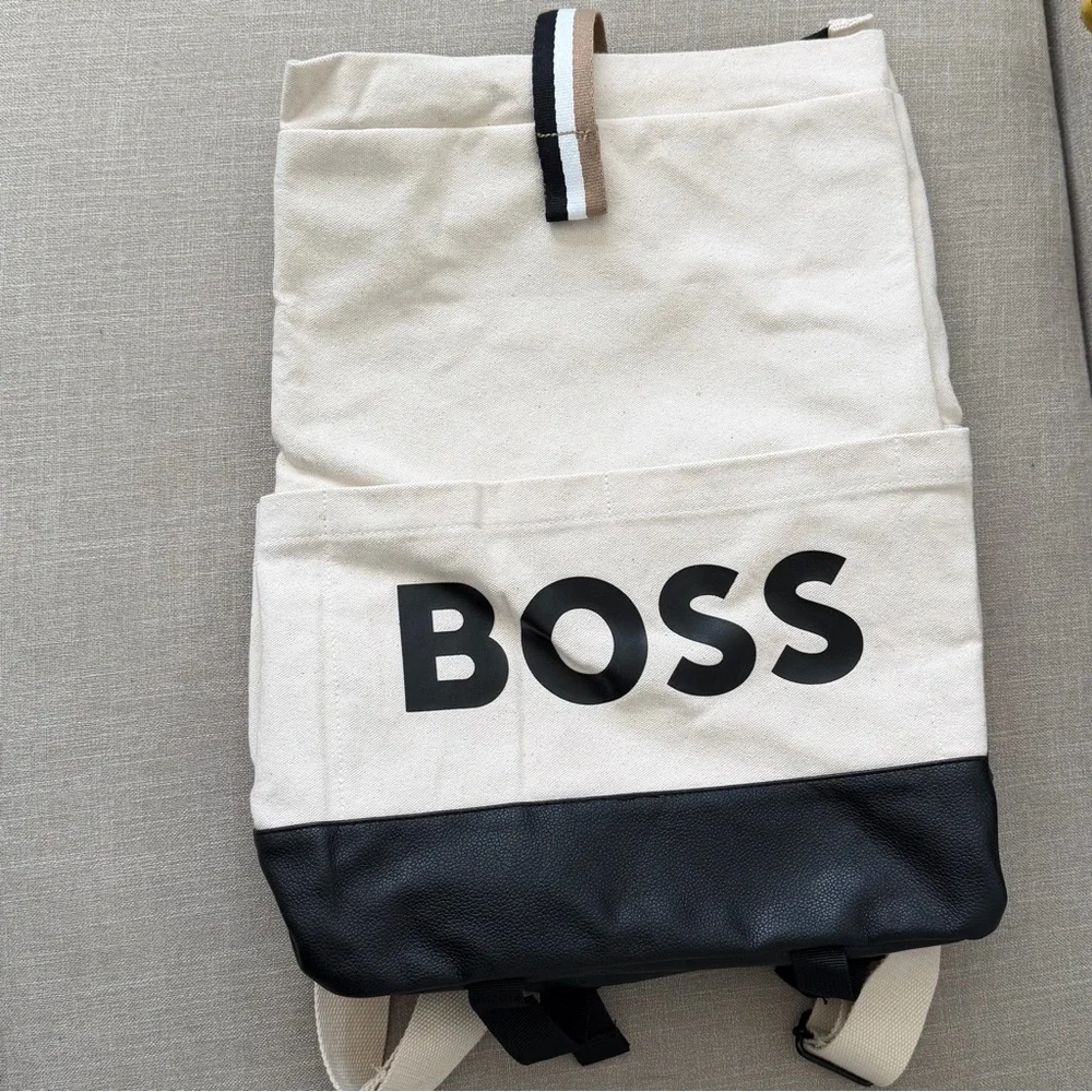 Hugo Boss Canvas Faux Leather Backpack Tote Black White Logo Unisex Casual